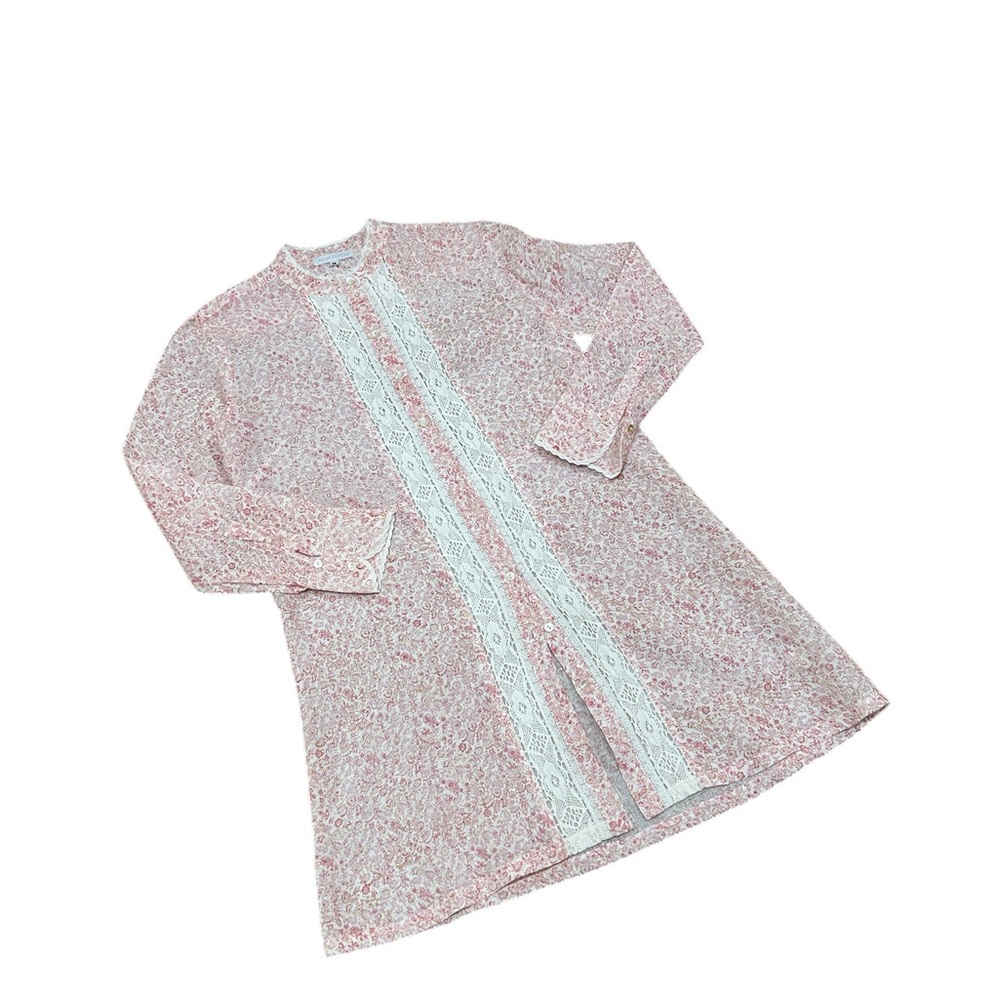 Nwot Asha plage pale Pink Floral Long Sleeve mini Dress Lace Trim linen medium - Picture 2 of 8